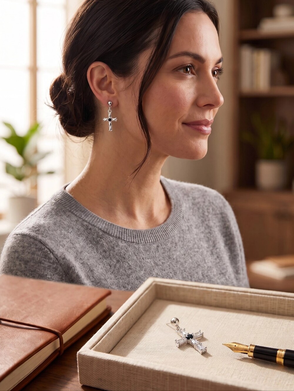 Silver Tone Cross Drop Earrings
